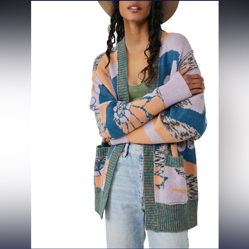 🆕 NWT Free People August Cardi Cardigan Sweater, Orchid Teal Combo, XS